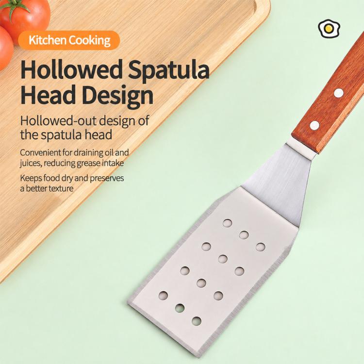 Hollowed-head spatula with stainless steel slotted blade and wooden handle