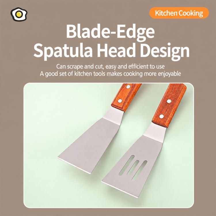 Two stainless steel spatula heads with angled blade edges and wooden handles