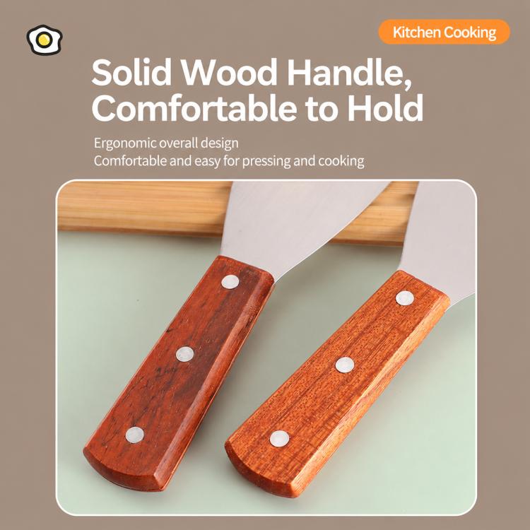 Wooden spatula handles with stainless steel blade attachments and rivets