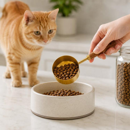 Gold stainless steel pet food measuring scoop with wooden handle, filled with dry kibble