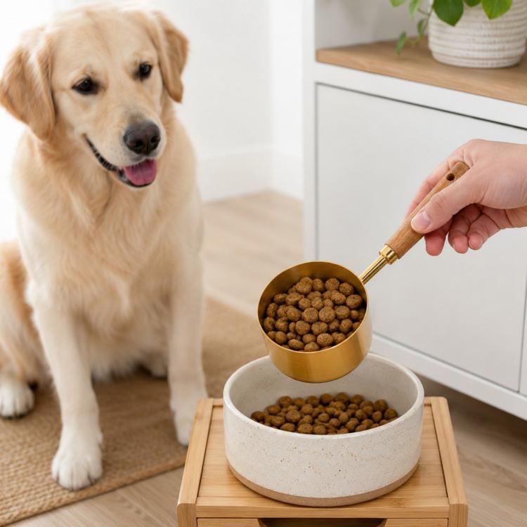 Stainless steel pet food measuring scoop with wooden handle held above pet food bowl