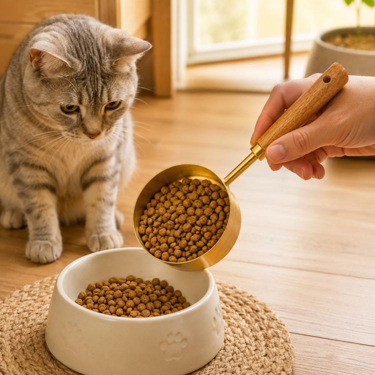 Gold pet food measuring scoop with wooden handle filled with dry kibble
