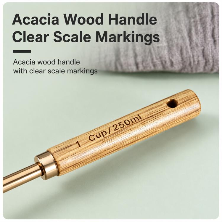 Acacia wood handle with clear cup scale markings for pet measuring scoop