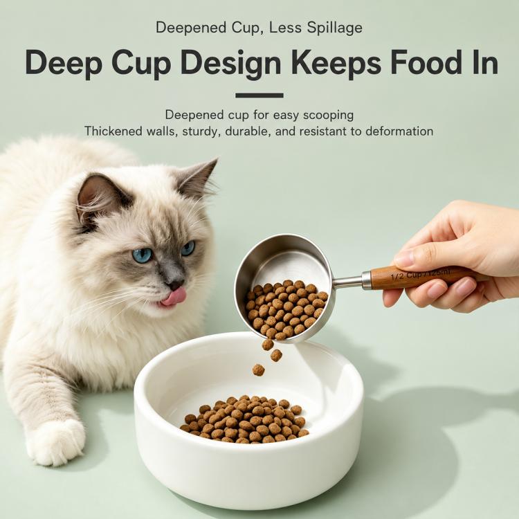 Stainless steel pet food measuring spoon with wooden handle and deep scoop cup