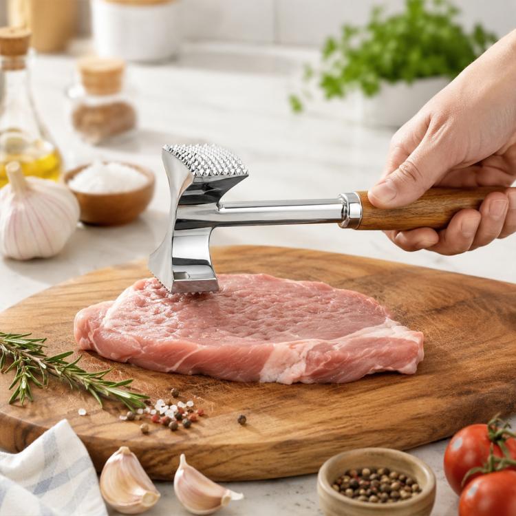 Double-sided meat tenderizing mallet with stainless faces and wooden handle on a cutting board