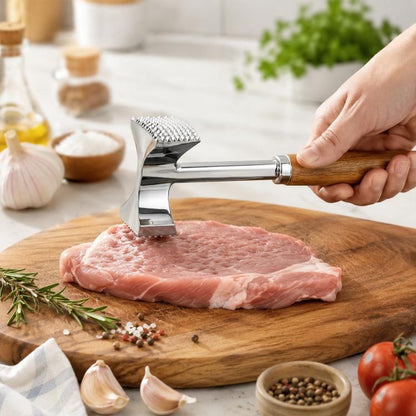 Double-sided meat tenderizing mallet with stainless faces and wooden handle on a cutting board
