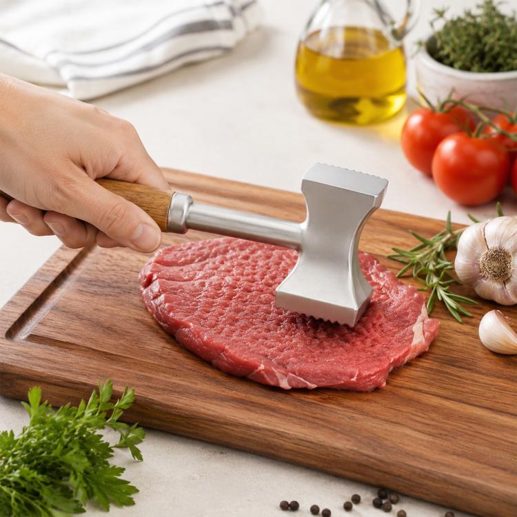 Double-sided meat mallet with textured stainless head striking red meat on a wooden board