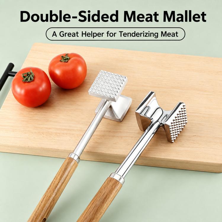 Double-sided meat mallet set showing two tenderizing heads with wooden handles