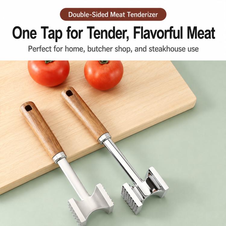 Double-sided meat tenderizing mallet with stainless head and wooden handle on a board