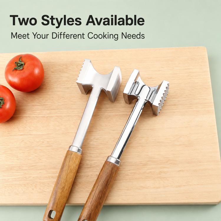 Two-style double-sided meat mallet with stainless heads and wood handles on a board