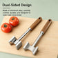Dual-sided meat mallet with two stainless tenderizing patterns and wooden handles