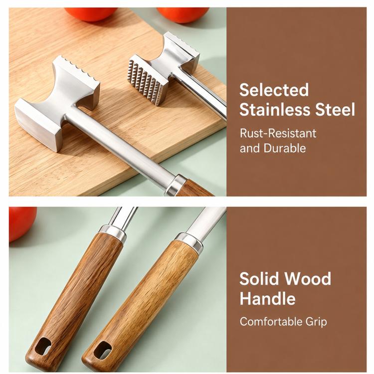 Double-sided meat mallet options: stainless steel head and solid wood handle