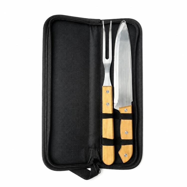 Portable BBQ tool set in black zip carry bag with stainless steel fork and spatula