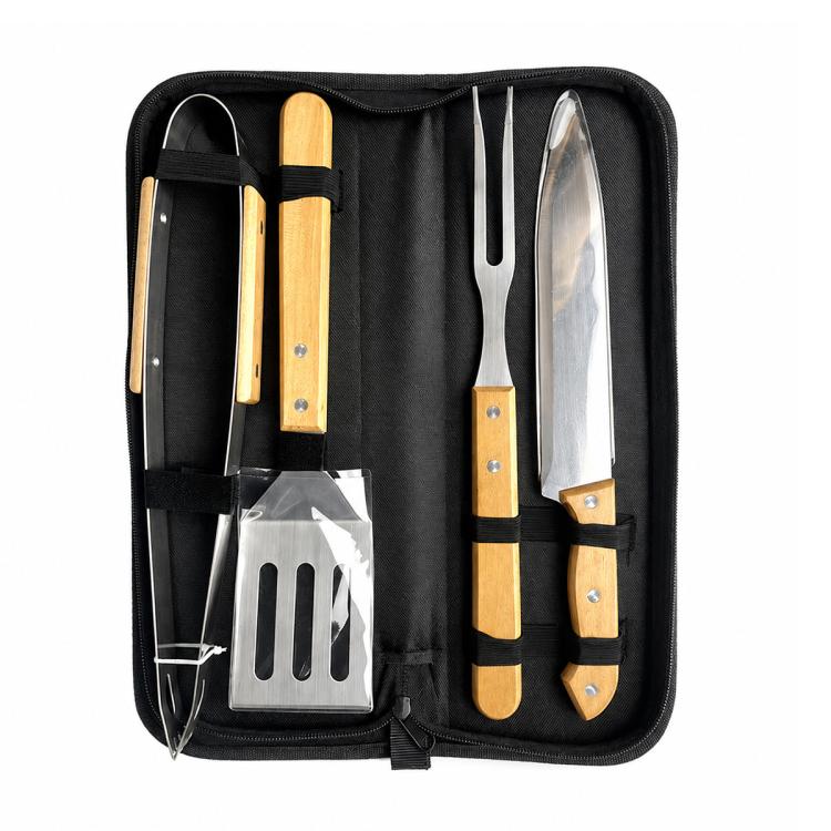 Portable BBQ tool set in black zip carry bag with stainless steel fork, spatula, and grill tools