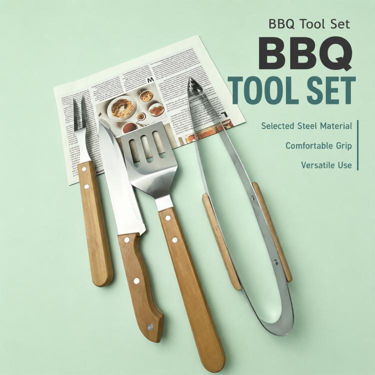 Stainless steel BBQ tool set with wooden handles: fork, spatula, and grilling tool