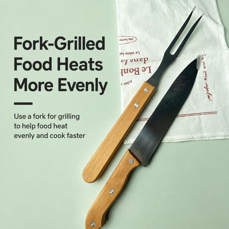 Stainless steel BBQ grill fork and spatula with wooden handles