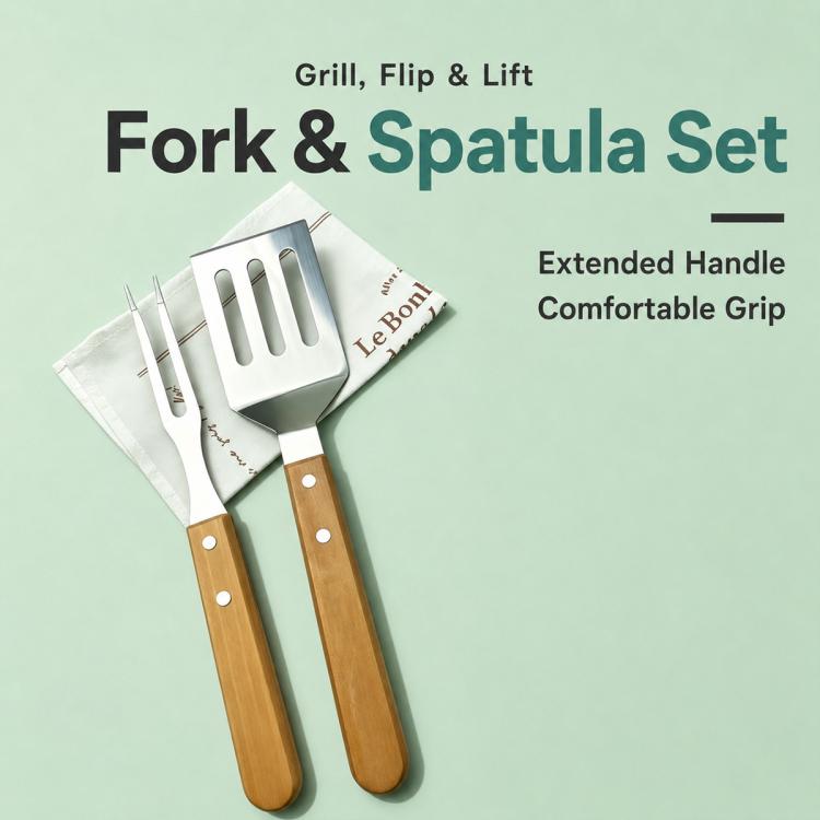 Stainless steel fork and spatula set with wooden handles