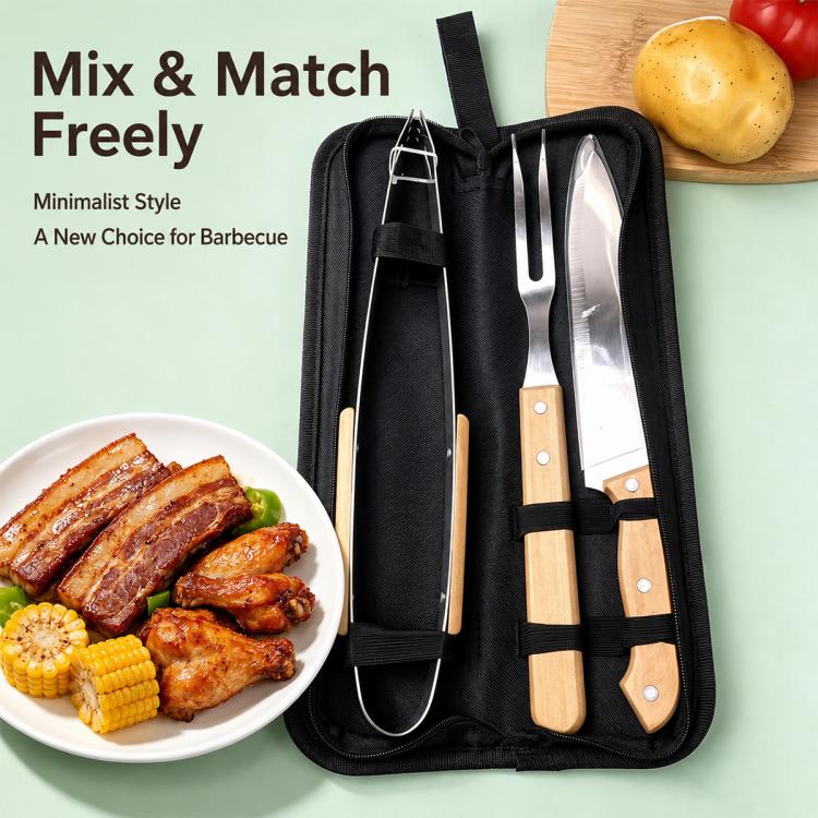 Portable BBQ tool set in black carry bag with stainless steel fork and two spatulas