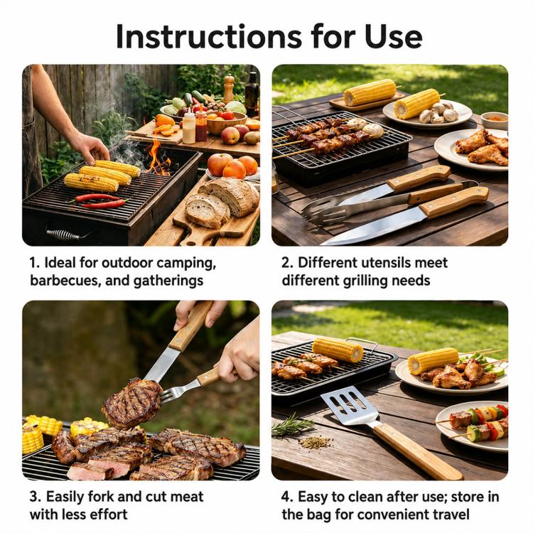 BBQ tool set in use with grill fork and spatula on outdoor cooking surfaces
