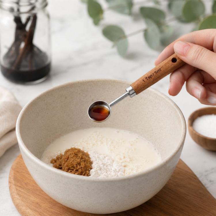 Stainless steel measuring cup spoon with wooden handle measuring spices into a bowl