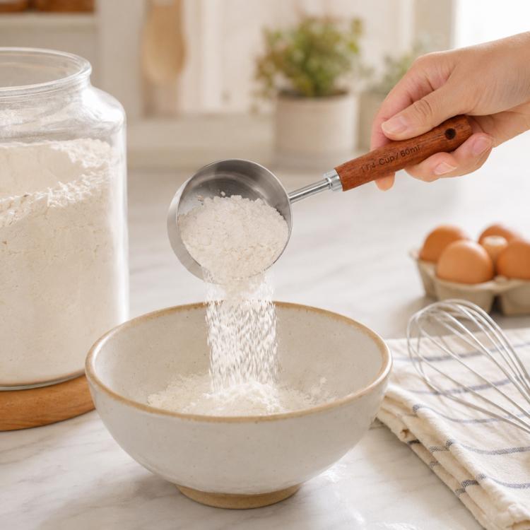 Stainless steel measuring cup spoon with wooden handle pouring flour into a mixing bowl