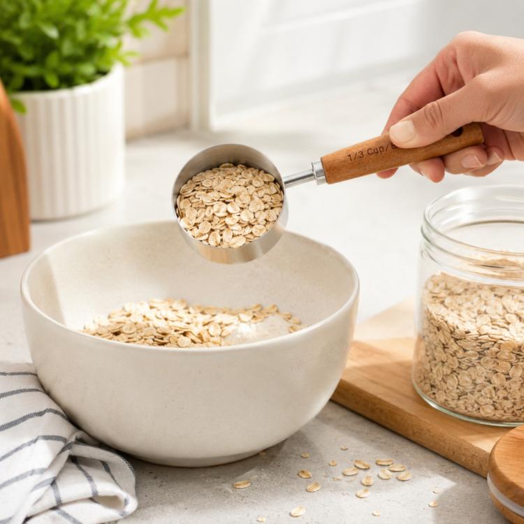 Stainless steel measuring cup spoon with wooden handle filling oatmeal in a kitchen bowl