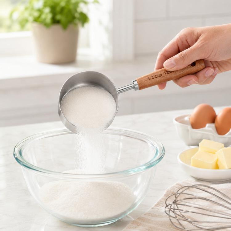 Stainless steel measuring cup spoon with wooden handle filling a glass bowl with flour