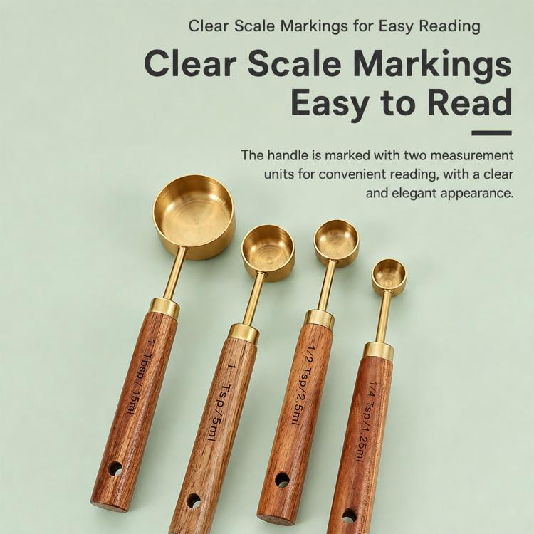 Stainless steel measuring spoons with engraved measurement markings and wooden handles