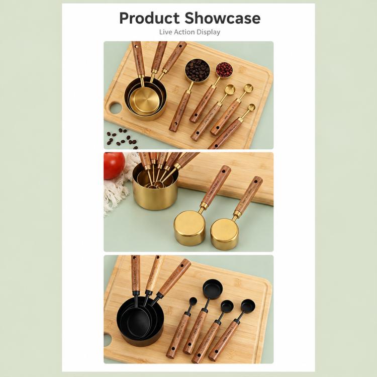 Stainless steel measuring cup and spoon set on tray, featuring multiple scoop sizes
