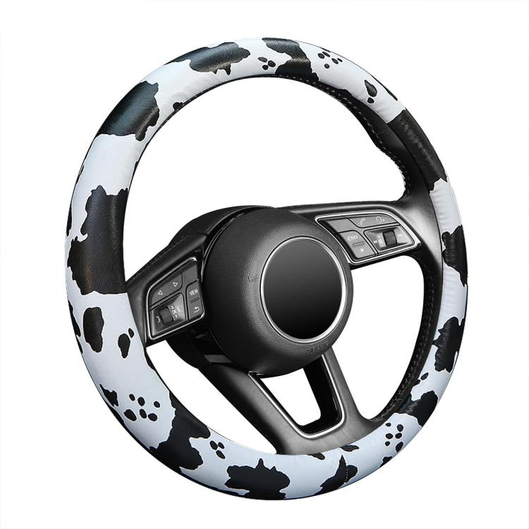 Cow print steering wheel cover, black and white spotted wrap for 38 cm wheel