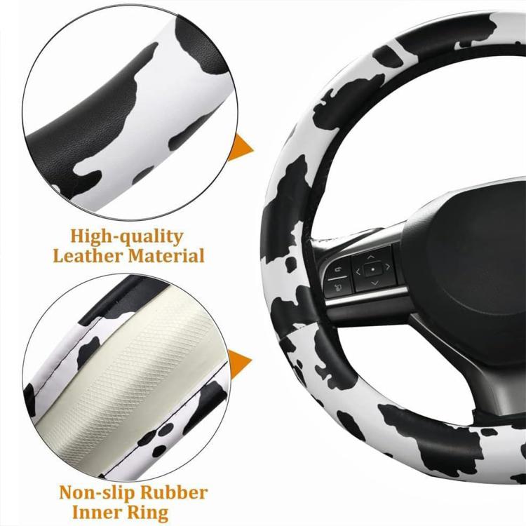 Cow print steering wheel cover with textured grip finish and non-slip inner ring