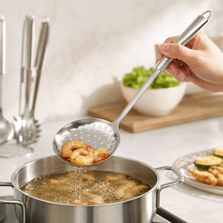 Stainless steel skimmer ladle with perforated bowl for straining fried foods