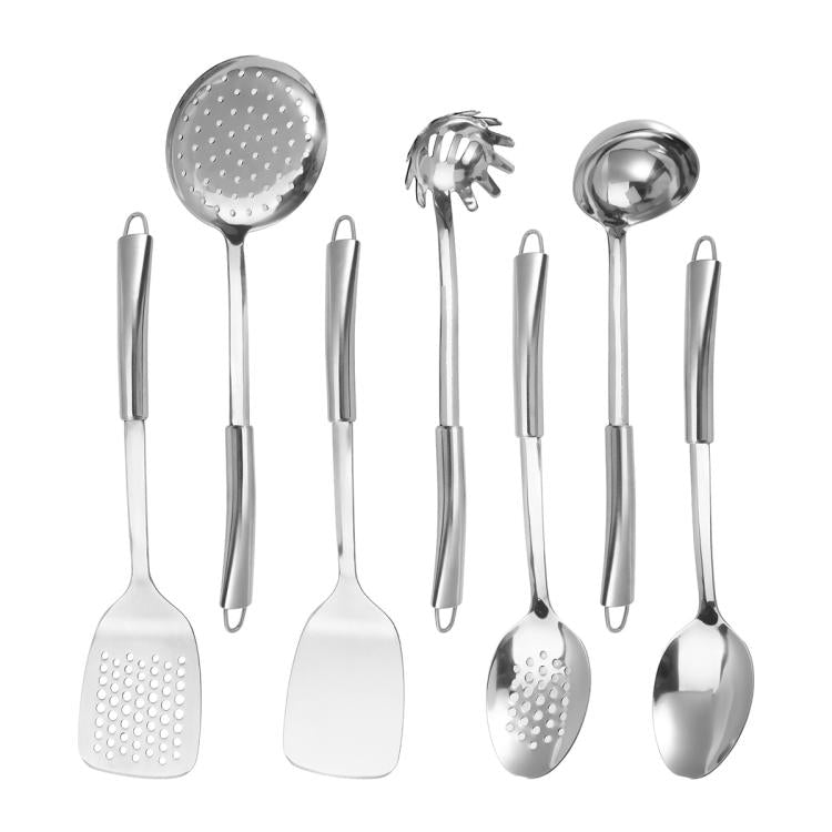 Stainless steel kitchen utensil set with slotted and solid ladles, spoons, and spatulas