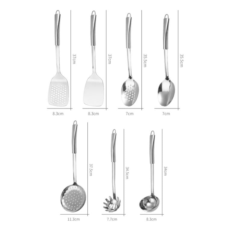 Stainless steel utensil set with labeled dimensions shown in centimeters