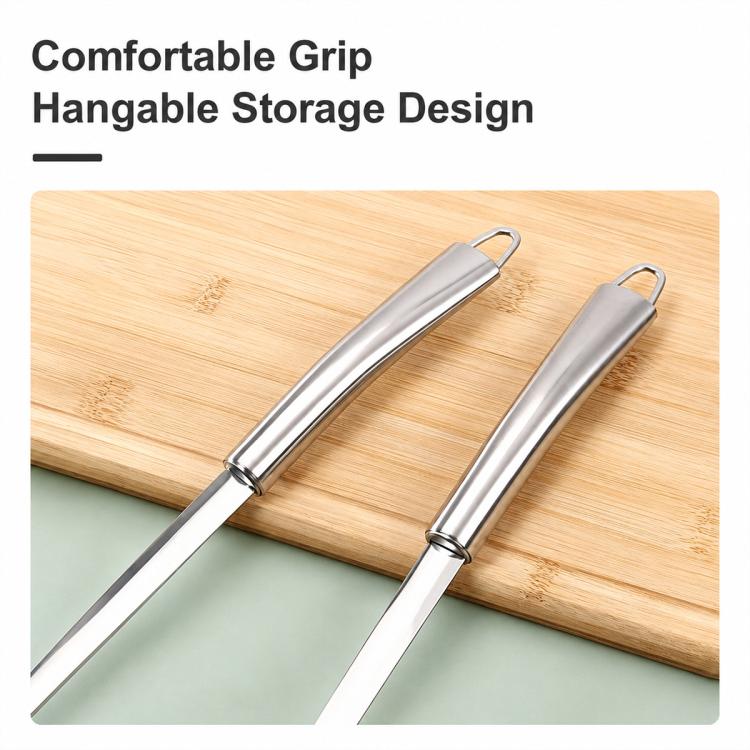 Stainless steel utensil handles with hanging loops for storage