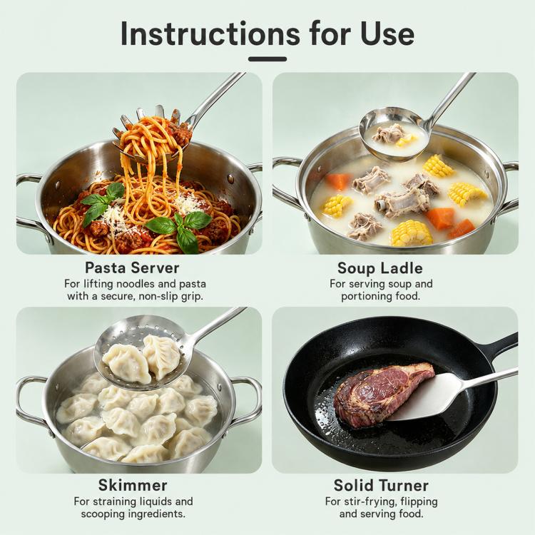 Stainless steel cooking utensils: pasta server, soup ladle, skimmer and solid turner