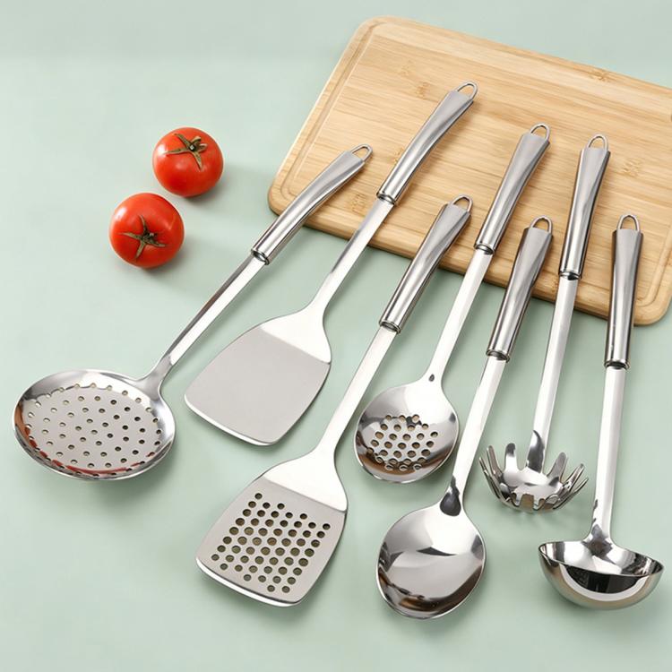 Stainless steel kitchen utensil set with ladle, slotted and solid spatulas, skimmer