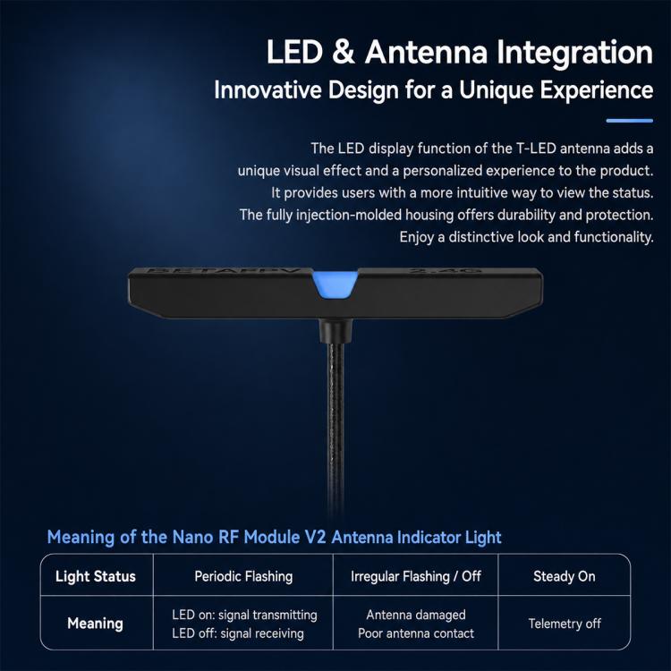 Black antenna assembly with integrated LED indicator and antenna feed cable