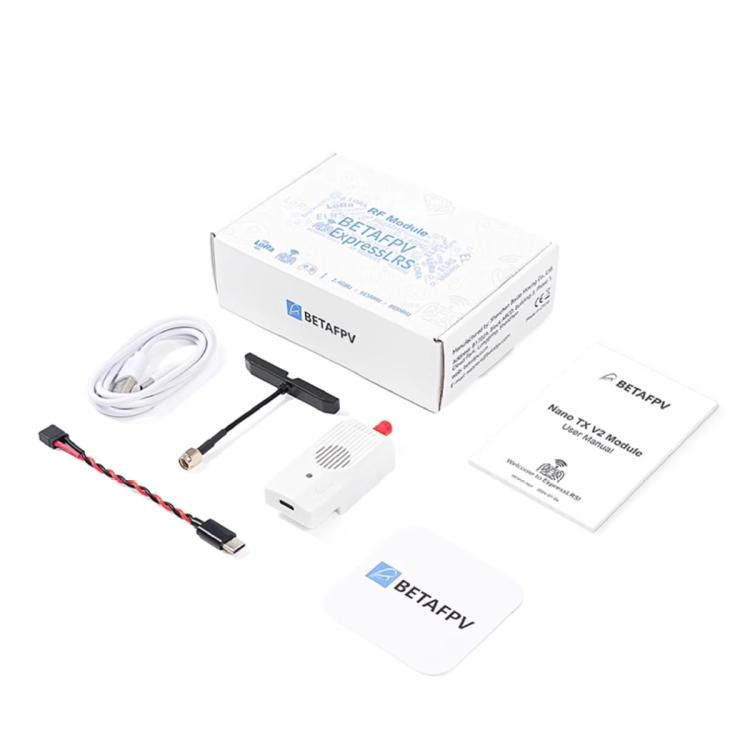 BETAFPV ELRS nano RF module kit with box, antenna, cables, and cards