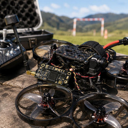 FPV drone with small black receiver circuit board mounted near the frame