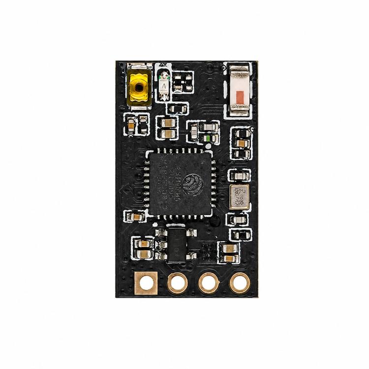 Black receiver PCB with yellow component, metal connector, and small pin header