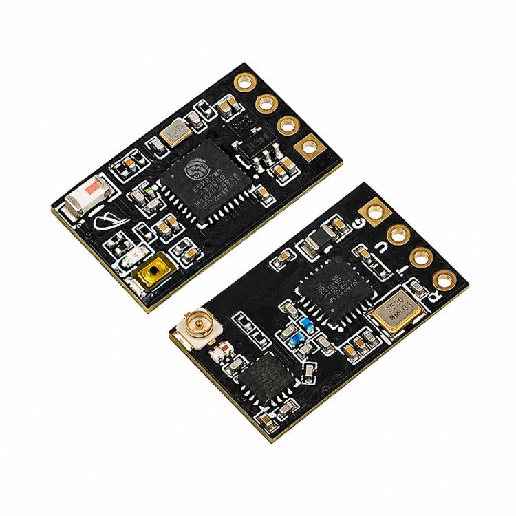 Two black receiver PCBs with gold mounting holes and pin connectors, angled view