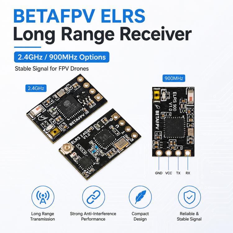 Black receiver PCB with yellow component and pin header, compact long-range design
