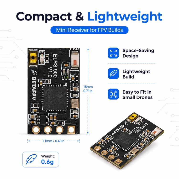 Compact black receiver PCB with yellow component, gold mounting holes, and pin header