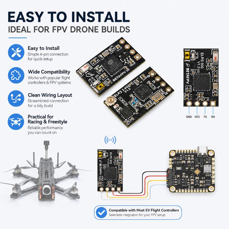 Receiver PCB with pin header and colored wiring connectors for FPV drone setup