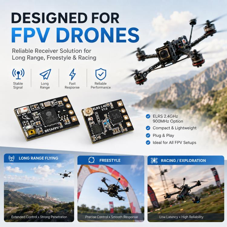 Receiver PCB shown with FPV drone for long-range and racing use