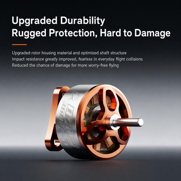 Orange and silver brushless motor with black protective outer ring and shaft