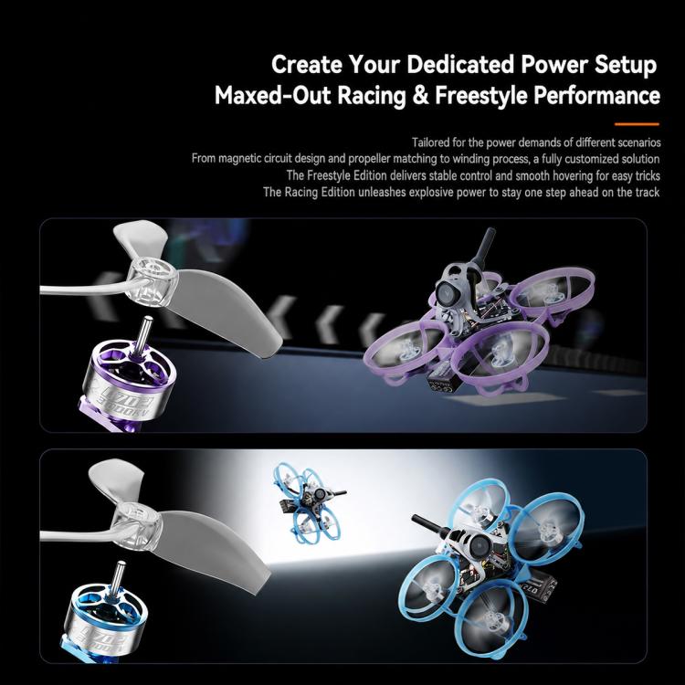 Multirotor brushless motor setup with purple or blue motors and propellers