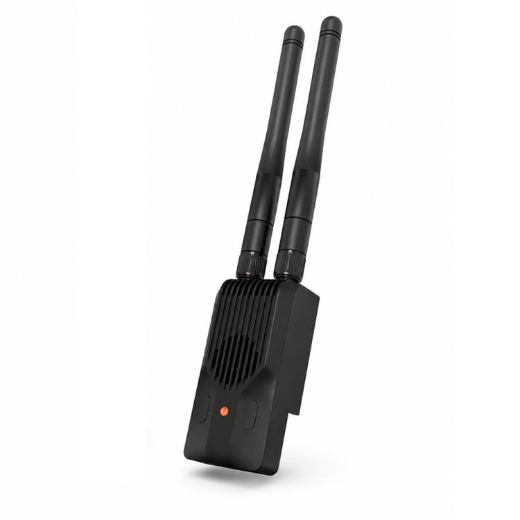 Wireless transmitter module with two black antennas and vented dark housing