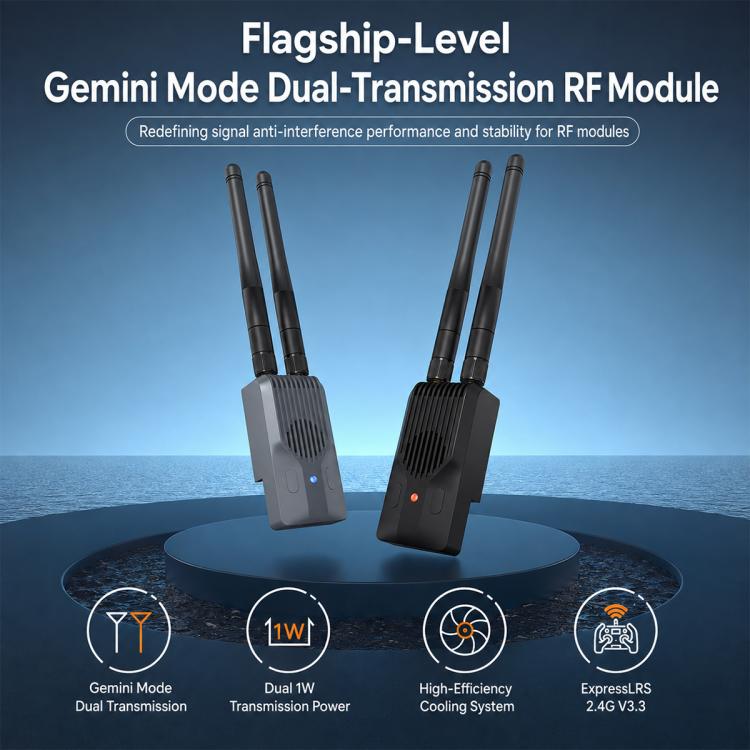 Dual-antenna wireless RF transmitter module with a dark rectangular housing